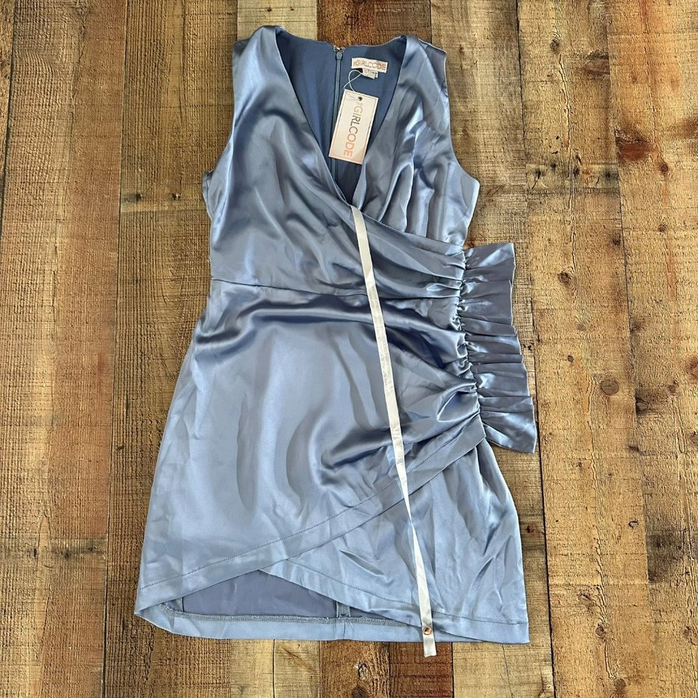 ASOS The Girlcode Women's Satin Ruffle Side Wrap Tank Top Mini Dress in Blue -10 - Picture 1 of 8